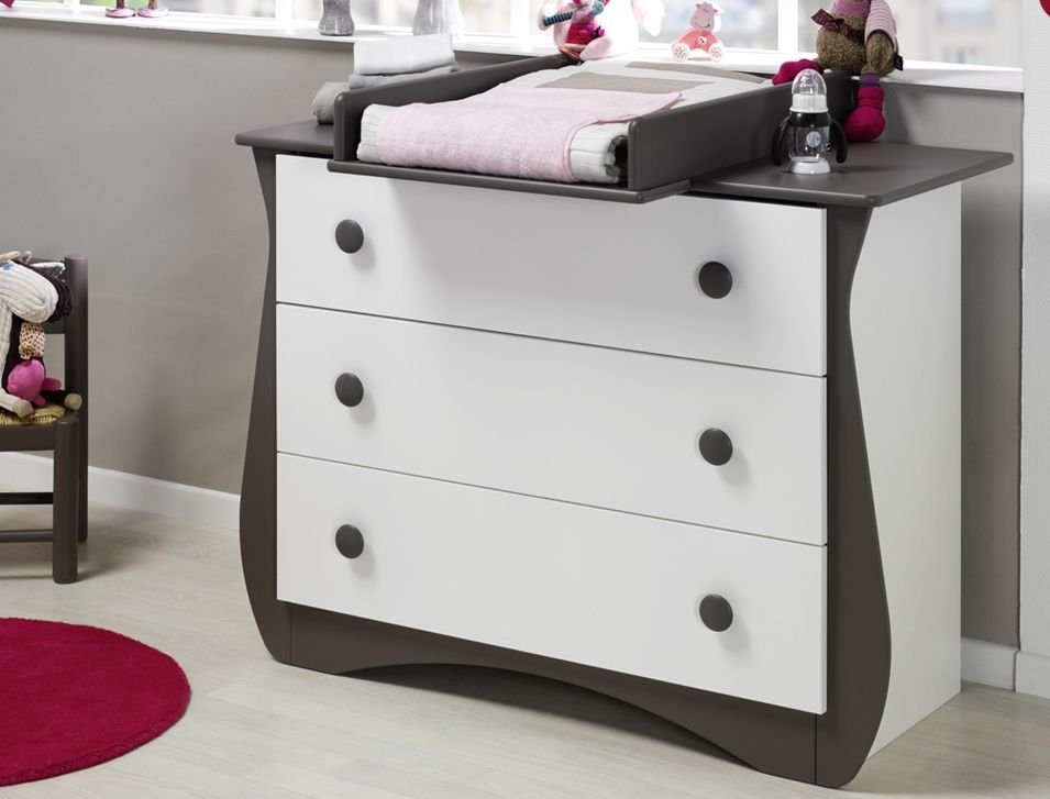 Commode 3 tiroirs avec plan à langer bébé blanc et taupe Doudou - Photo n°1
