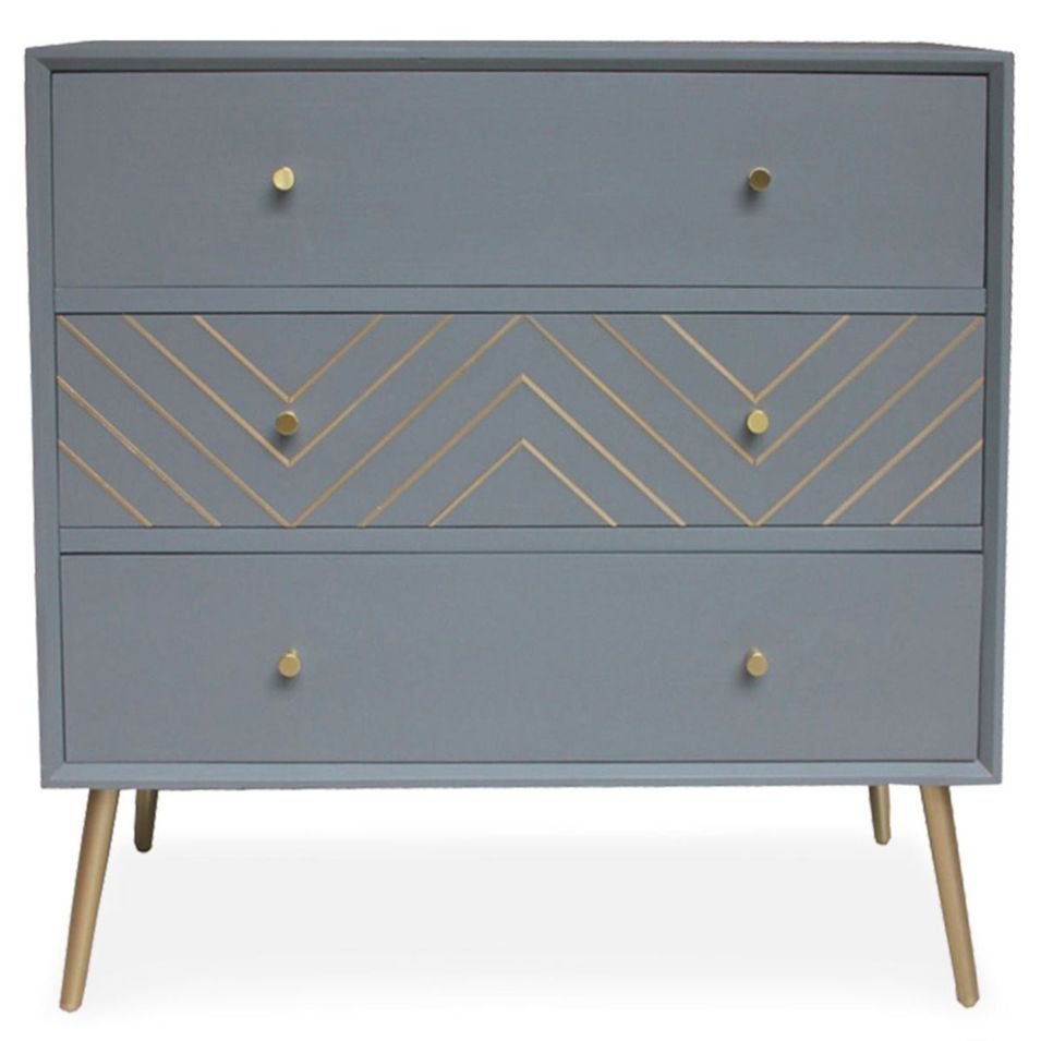 Commode 3 tiroirs bois massif gris et pieds métal doré Lumir - Photo n°1