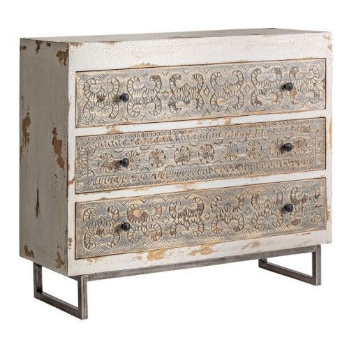 Commode 3 tiroirs manguier massif blanc cassé vieilli Anais - Photo n°1