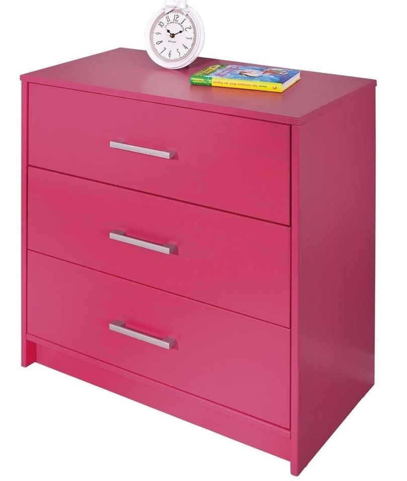 Commode 3 tiroirs pin massif rose fuchsia York - Photo n°1