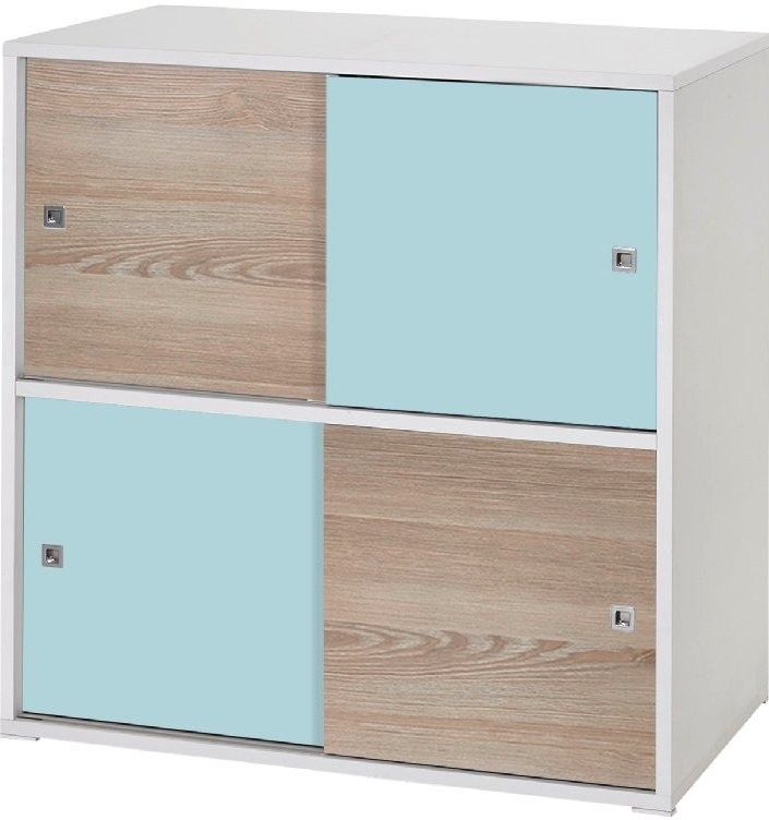 Commode 4 petites portes naturel et bleu Clic - Photo n°1