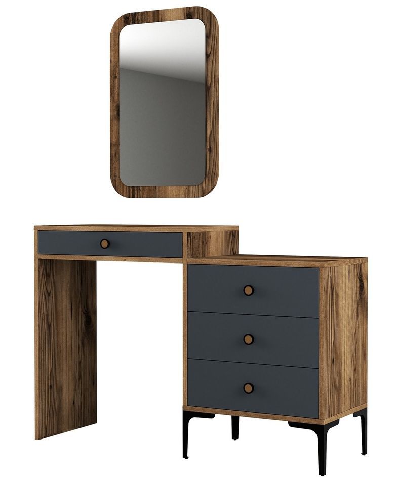 Commode 4 tiroirs avec miroir mural bois foncé et anthracite Kindo 124 cm - Photo n°1