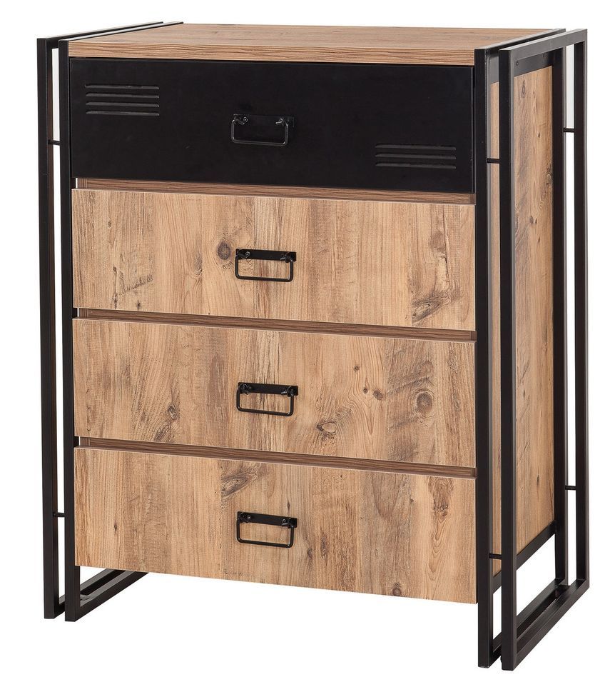 Commode 4 tiroirs style industriel bois chêne clair et métal noir Dukita 90 cm - Photo n°1