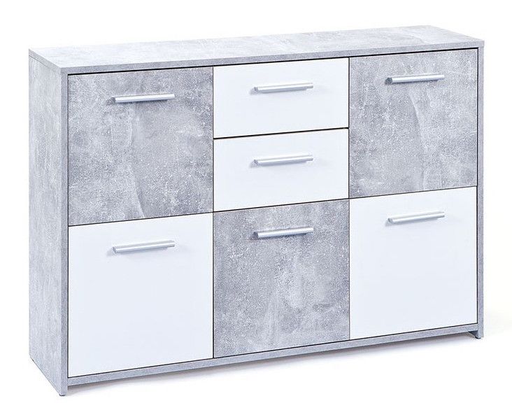 Commode 5 portes 2 tiroirs mélaminé blanc et effet béton Flav - Photo n°1