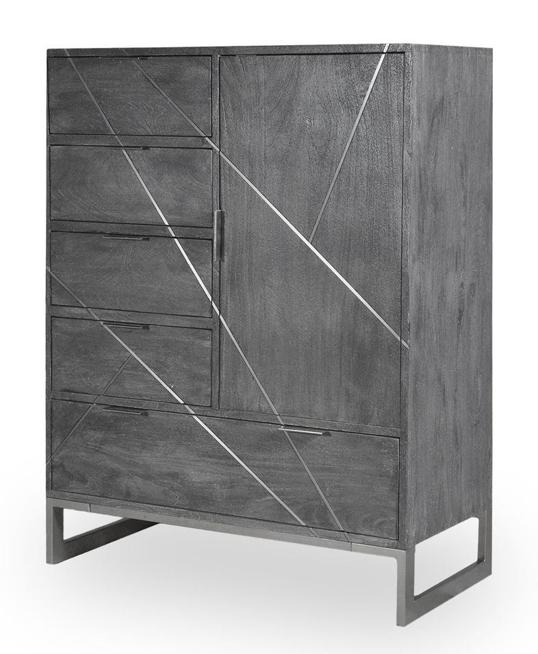 Commode 5 tiroirs 1 porte acacia massif et métal gris Toupma - Photo n°1