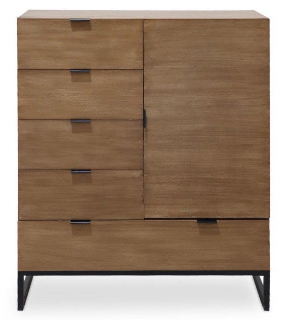 Commode 5 tiroirs 1 porte chêne clair et métal noir Baktoo - Photo n°1