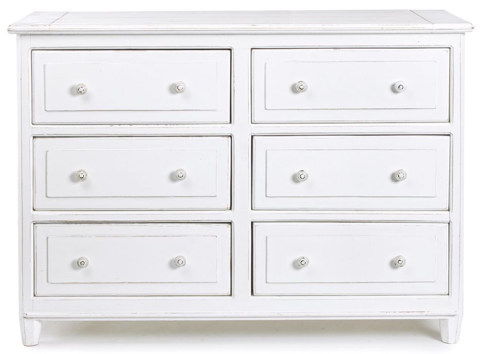 Commode 6 tiroirs KOLITA 120 cm - Bois massif blanc patiné - Photo n°1