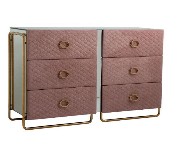 Commode 6 tiroirs velours rose et verre trempé Vicky - Photo n°1