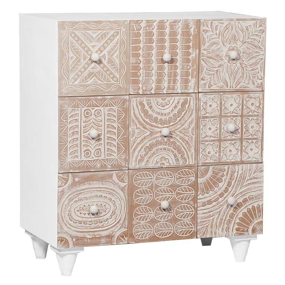 Commode 9 tiroirs bois massif clair et blanc Toojar - Photo n°1