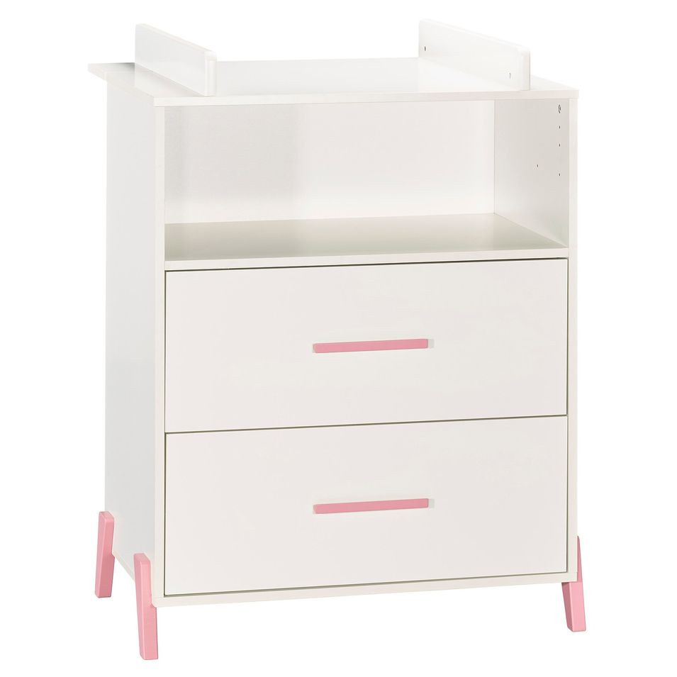 Commode à langer 2 tiroirs bois laqué blanc et rose Joy - Photo n°1