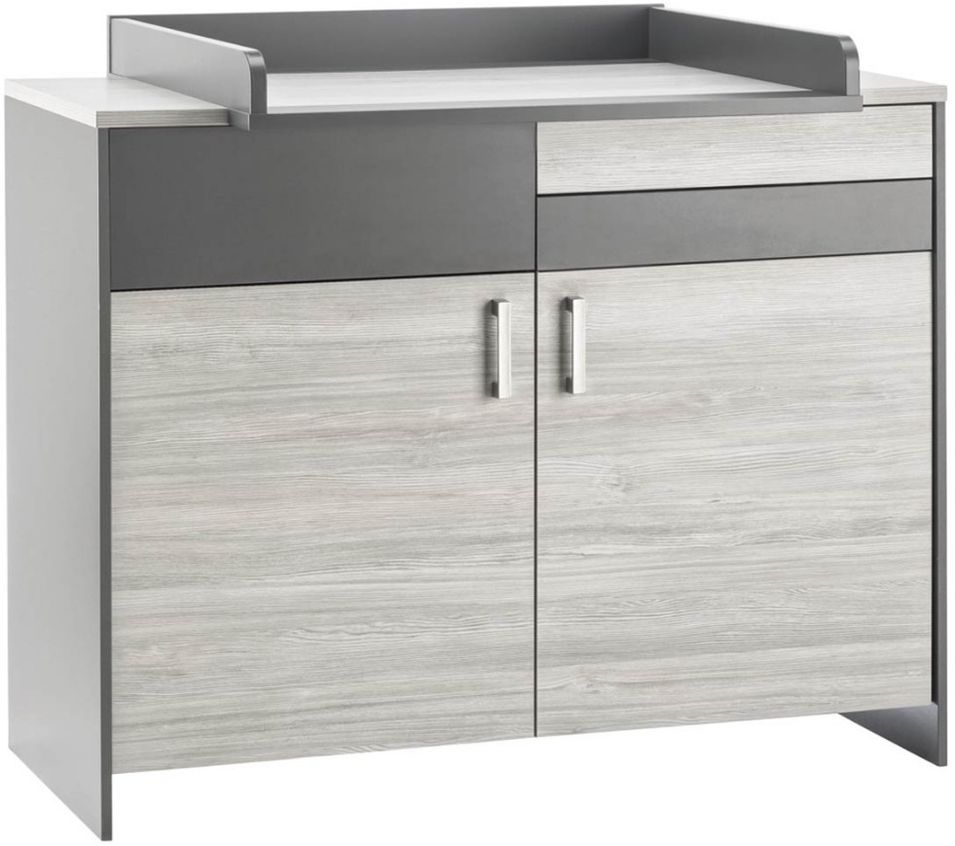 Commode à langer 3 tiroirs 2 portes pin massif gris Clou - Photo n°1