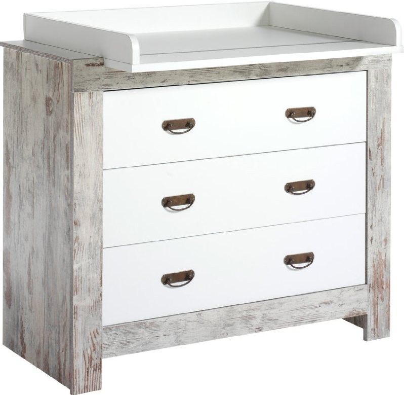 Commode à langer 3 tiroirs bois massif élimé et blanc Nordic Chic - Photo n°1