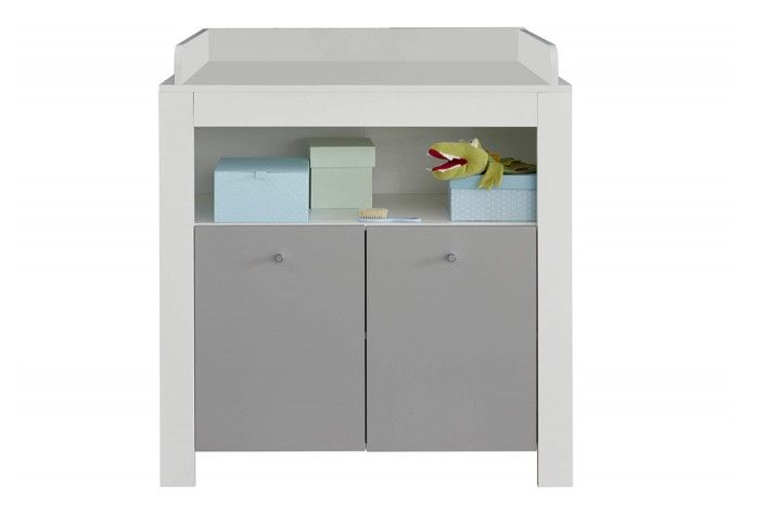 Commode bébé 2 portes avec plan à langer mélaminé gris et blanc Evans - Photo n°1