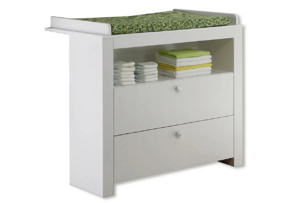 Commode bébé 2 tiroirs avec plan à langer mélaminé blanc Kenan - Photo n°1