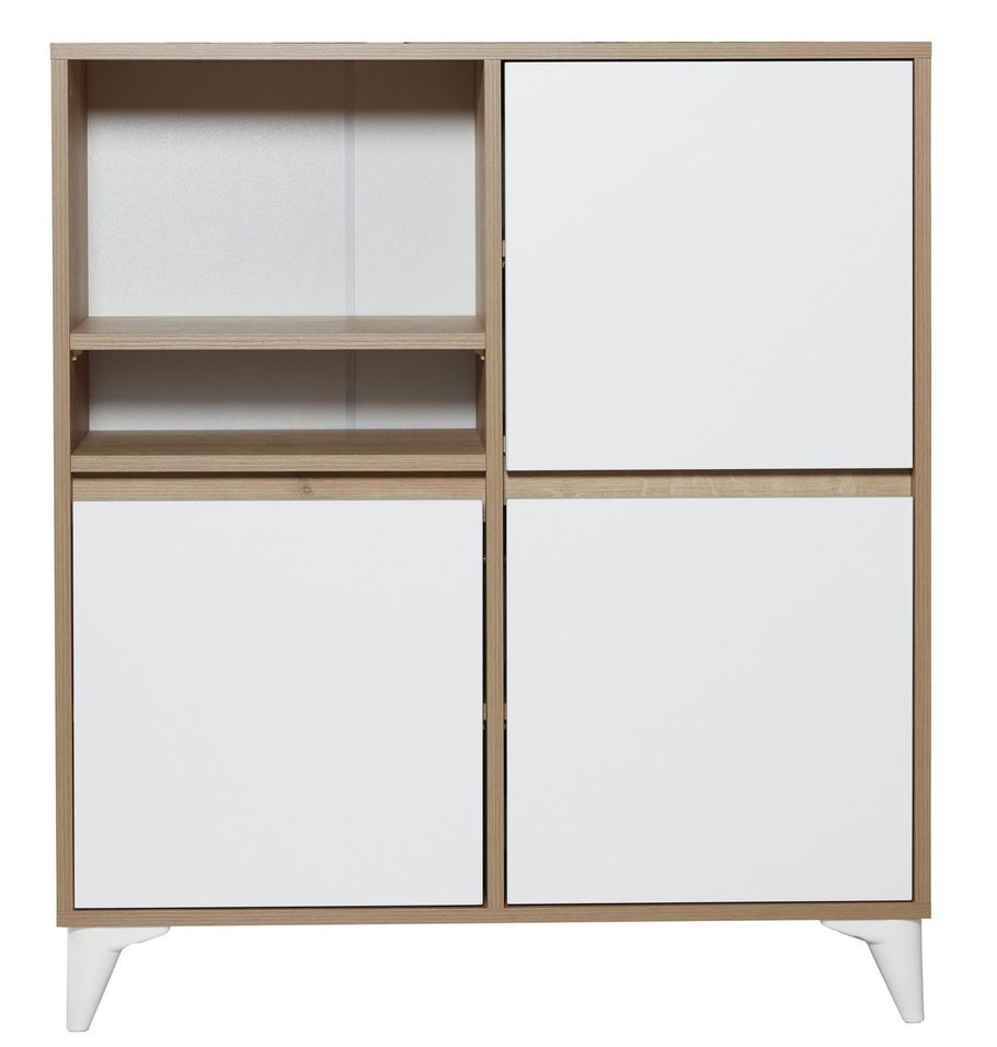 Commode haute 3 portes frêne blanc et bois naturel Valdis 97 cm - Photo n°1