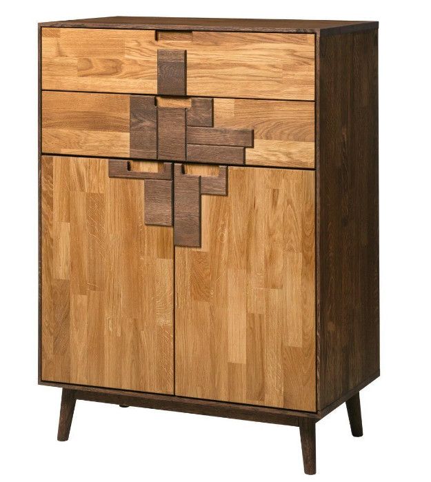 Commode haute en chêne massif naturel et marron 2 portes 2 tiroirs Thayla 80 cm - Photo n°1