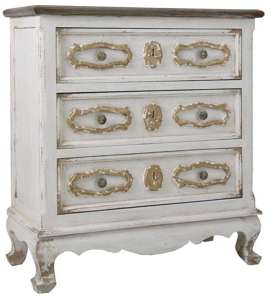 Commode shabby chic 3 tiroirs pin massif foncé et blanc Ian - Photo n°1