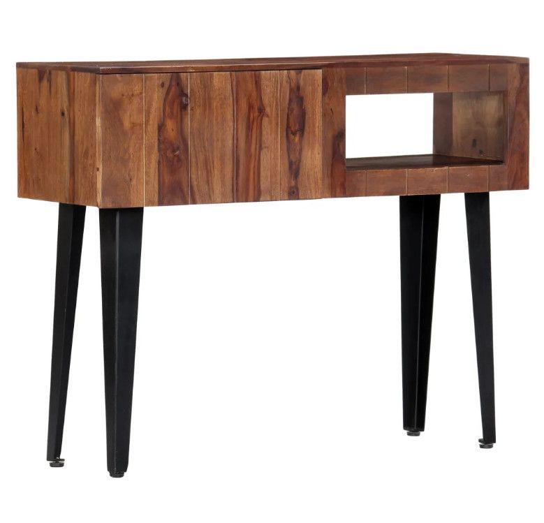 Console 1 tiroir 1 niche sesham massif foncé et métal noir Elane - Photo n°1