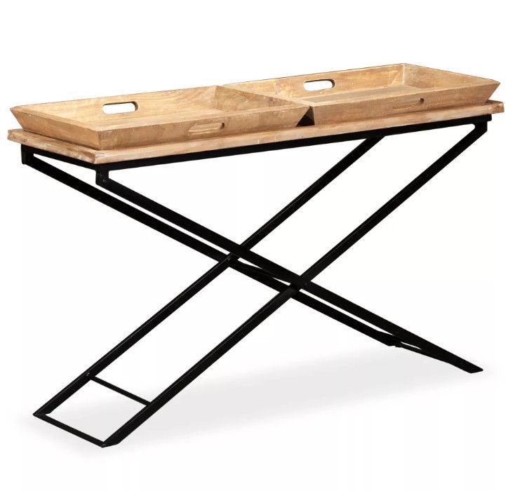 Console 2 plateaux amovibles manguier massif clair et métal noir Sopra - Photo n°1