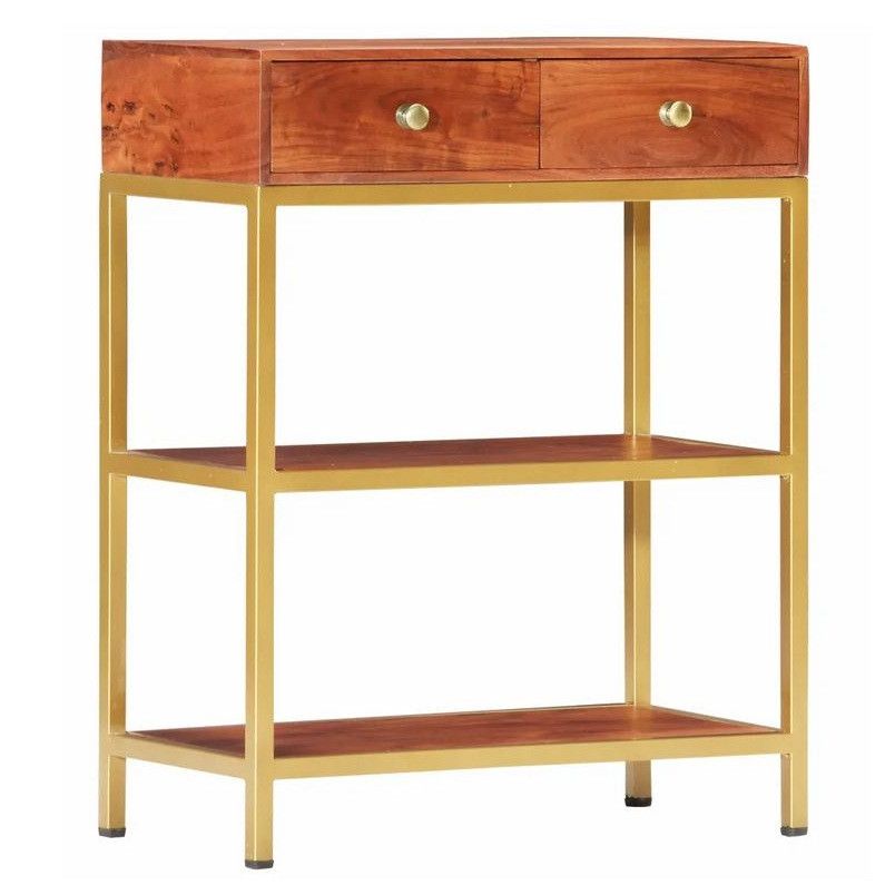 Console 2 tiroirs acacia massif foncé et métal doré Nassia - Photo n°1