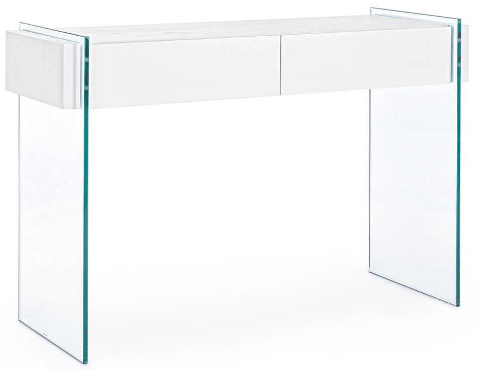 Console 2 tiroirs bois blanc et verre trempé Lina 110 cm - Photo n°1
