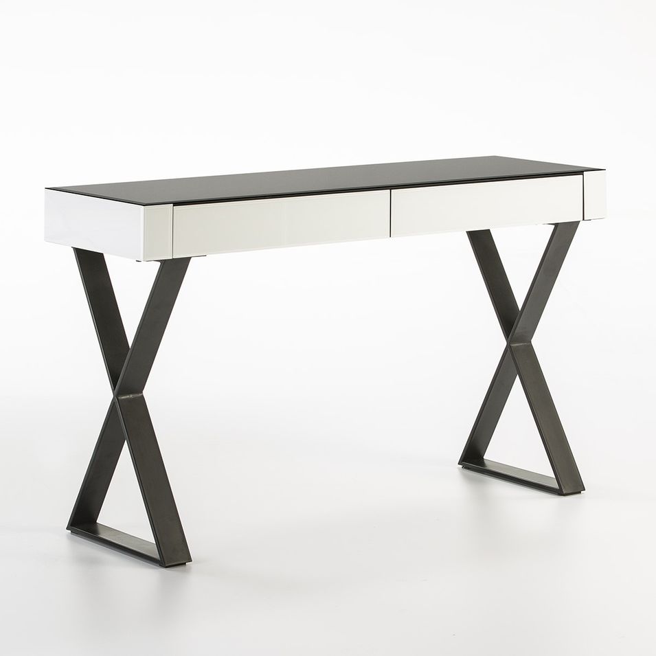 Console 2 tiroirs verre noir et blanc pieds métal 131 cm - Photo n°1