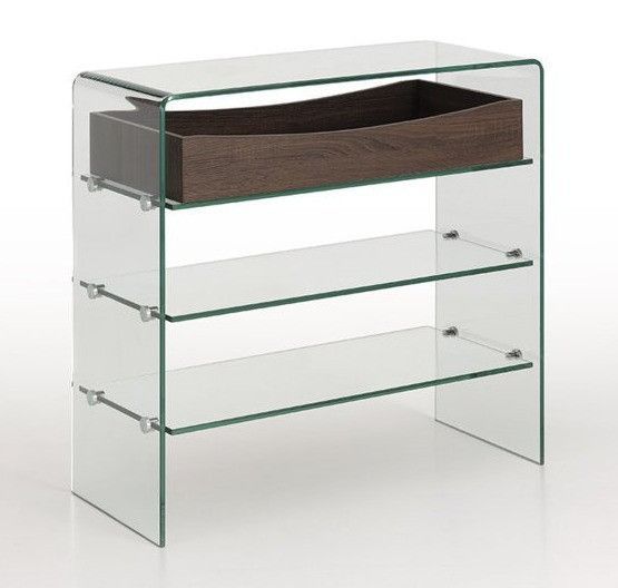 Console 3 étagères 1 tiroir noyer et verre transparent Nygo L 80 cm - Photo n°1