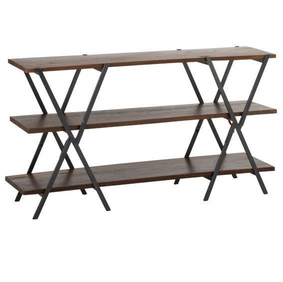 Console 3 niveaux bois massif foncé et métal noir Cintee - Photo n°1