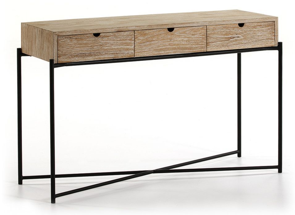 Console 3 tiroirs bois massif clair et pieds métal noir 120 cm - Photo n°1