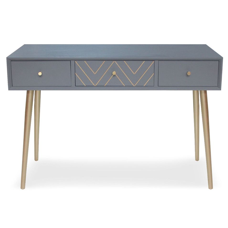 Console 3 tiroirs bois massif gris et pieds métal doré Lumir - Photo n°1