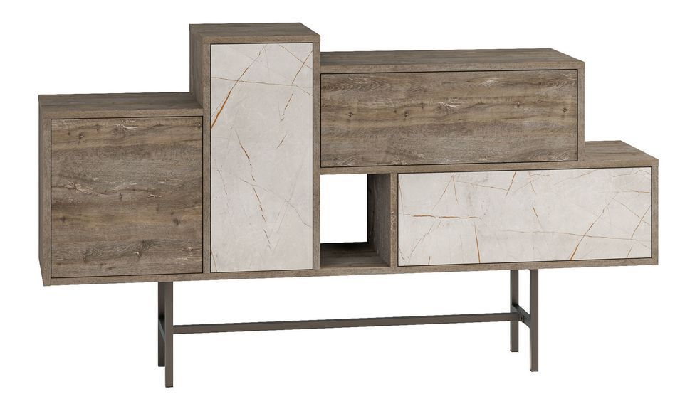 Console bois marron et beige effet marbre 2 tiroirs 2 portes Kermina 160 cm - Photo n°1