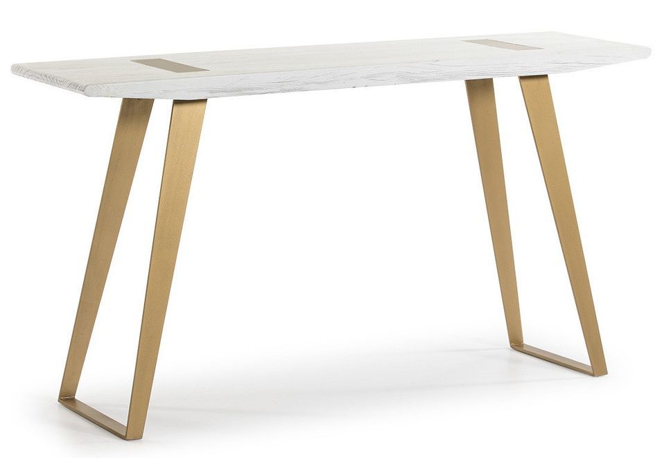 Console bois massif blanc et pieds métal doré 150 cm - Photo n°1