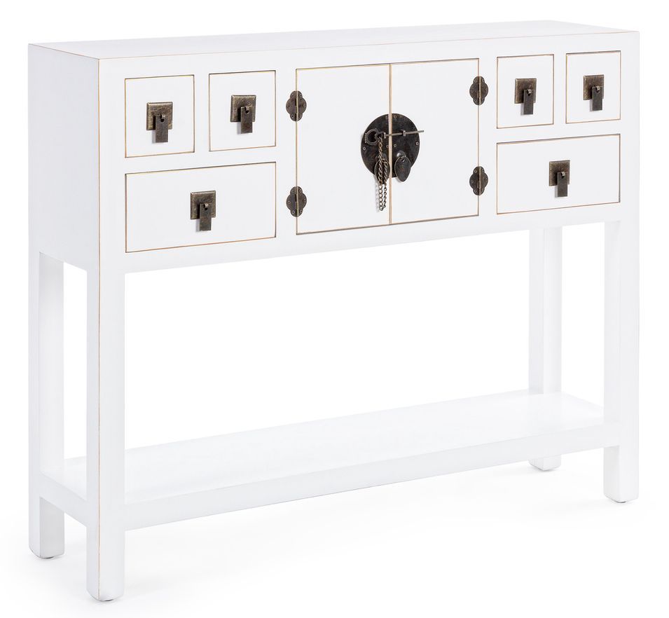 Console bois MDF blanc 2 portes 6 tiroirs Peno L 94.5 cm - Photo n°1