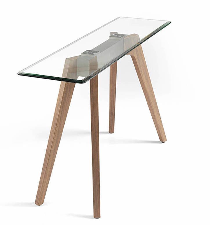 Console contemporaine verre trempé et pieds bois noyer Roka - Photo n°1