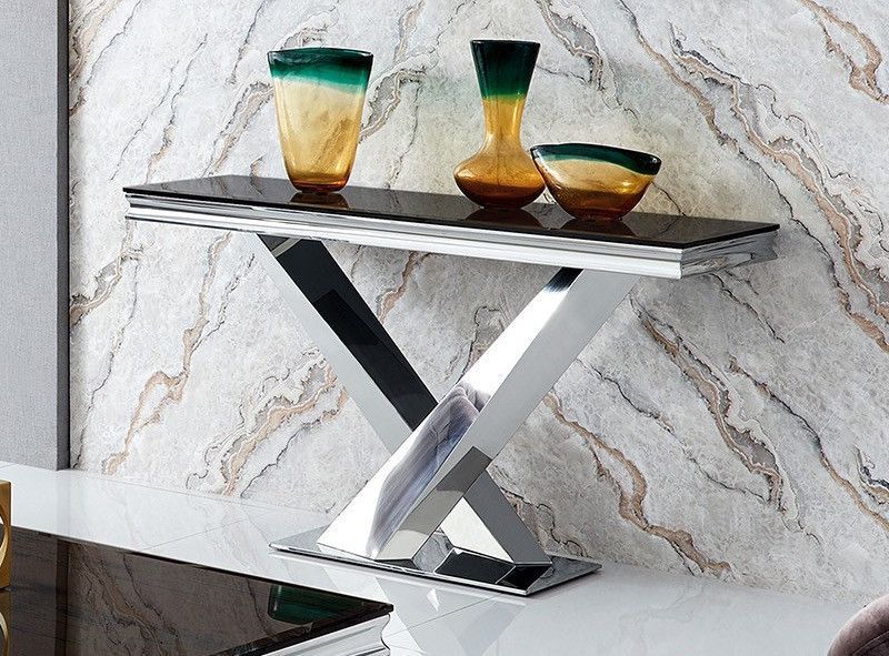 Console design acier poli et verre trempé noir Diza 120 cm - Photo n°1