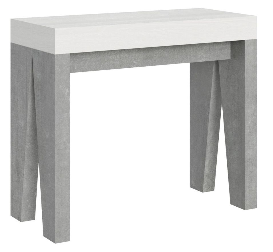 Console extensible blanche pieds bois gris béton 12 personnes 40 à 300 cm Naxo - Photo n°1