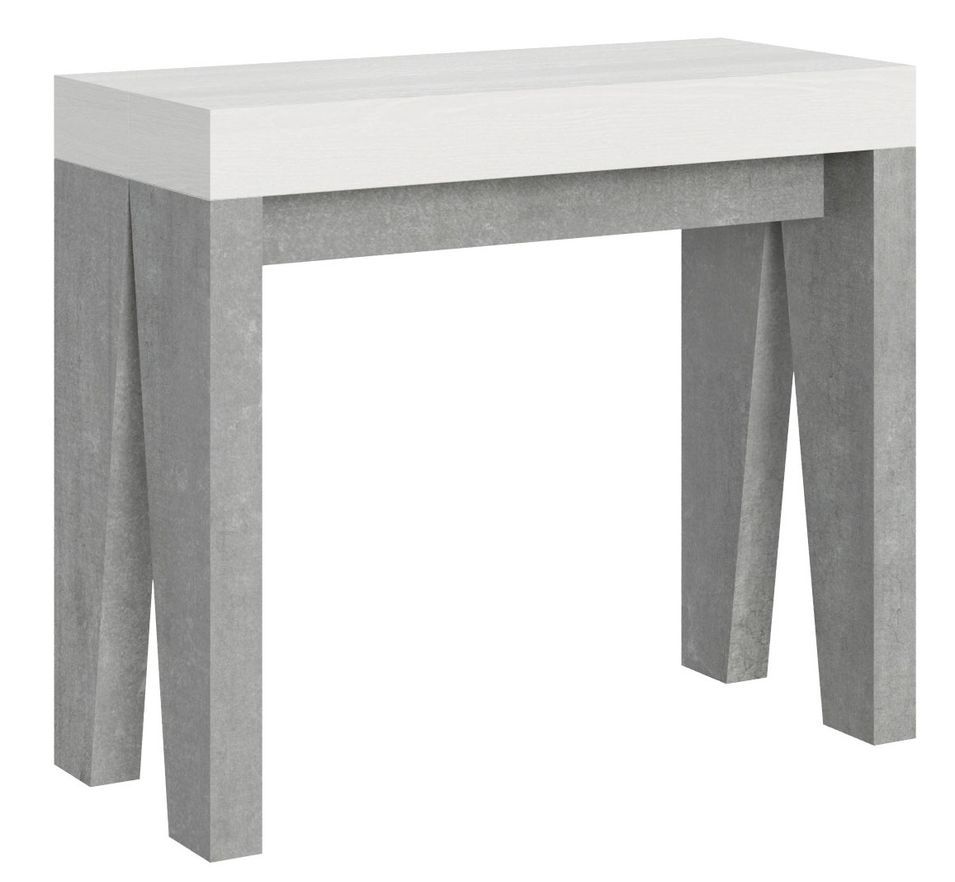 Console extensible blanche pieds bois gris béton 8 personnes 40 à 196 cm Naxo - Photo n°1