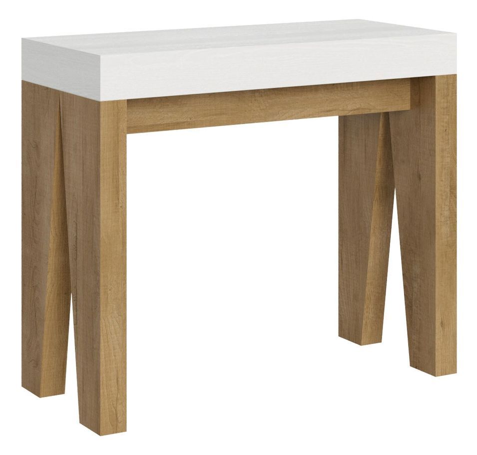 Console extensible blanche pieds bois naturel 12 personnes 40 à 300 cm Naxo - Photo n°1