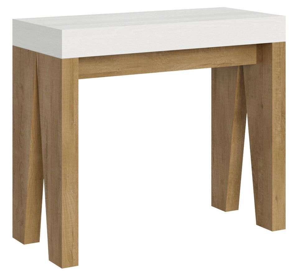 Console extensible blanche pieds bois naturel 8 personnes 40 à 196 cm Naxo - Photo n°1