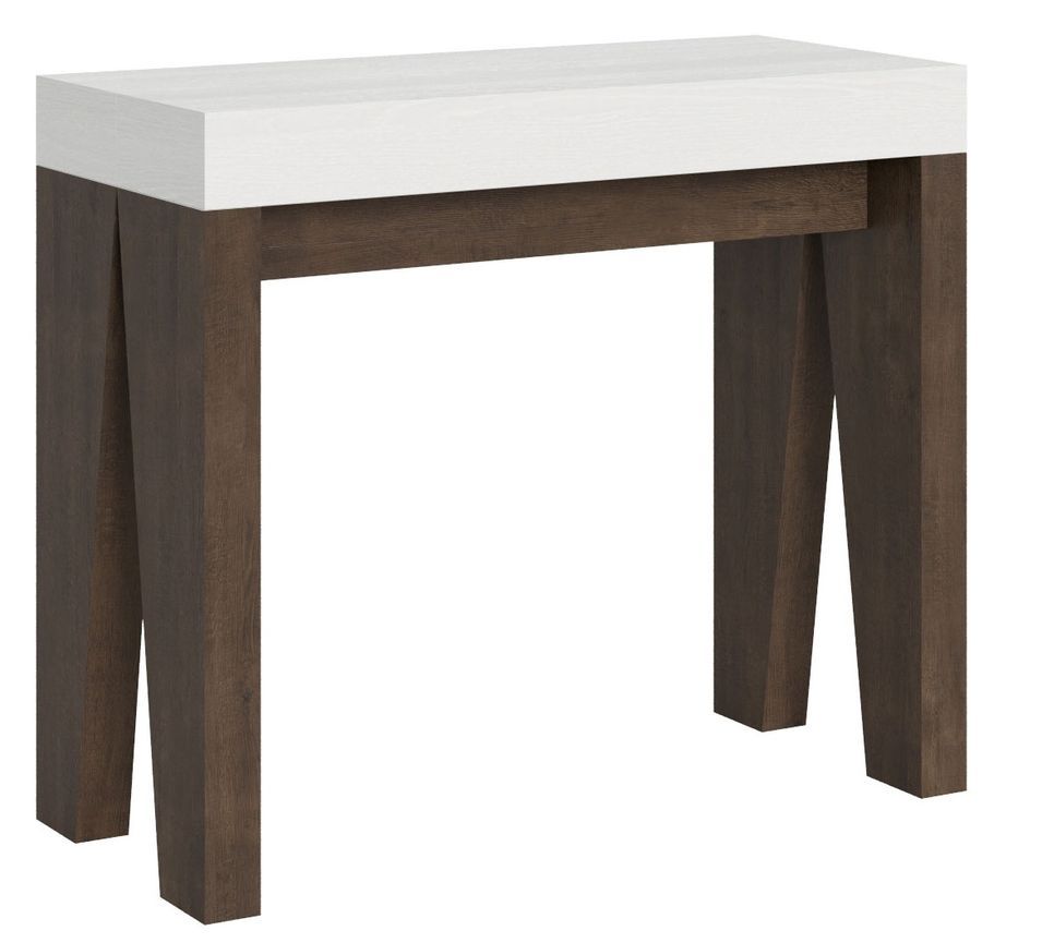 Console extensible blanche pieds bois noyer 12 personnes 40 à 300 cm Naxo - Photo n°1