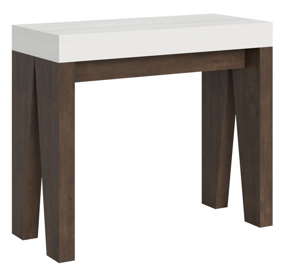 Console extensible blanche pieds bois noyer 8 personnes 40 à 196 cm Naxo - Photo n°1