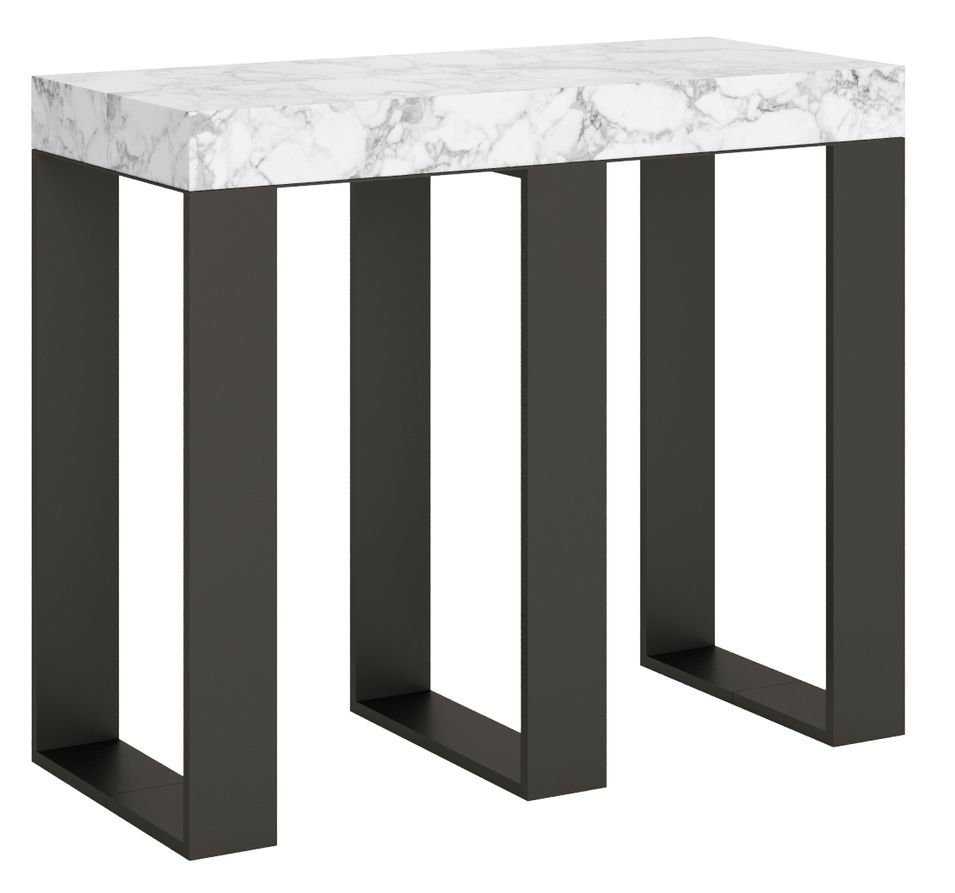 Console extensible effet marbre blanc et pieds métal anthracite 14 personnes 40 à 300 cm Sivy - Photo n°1