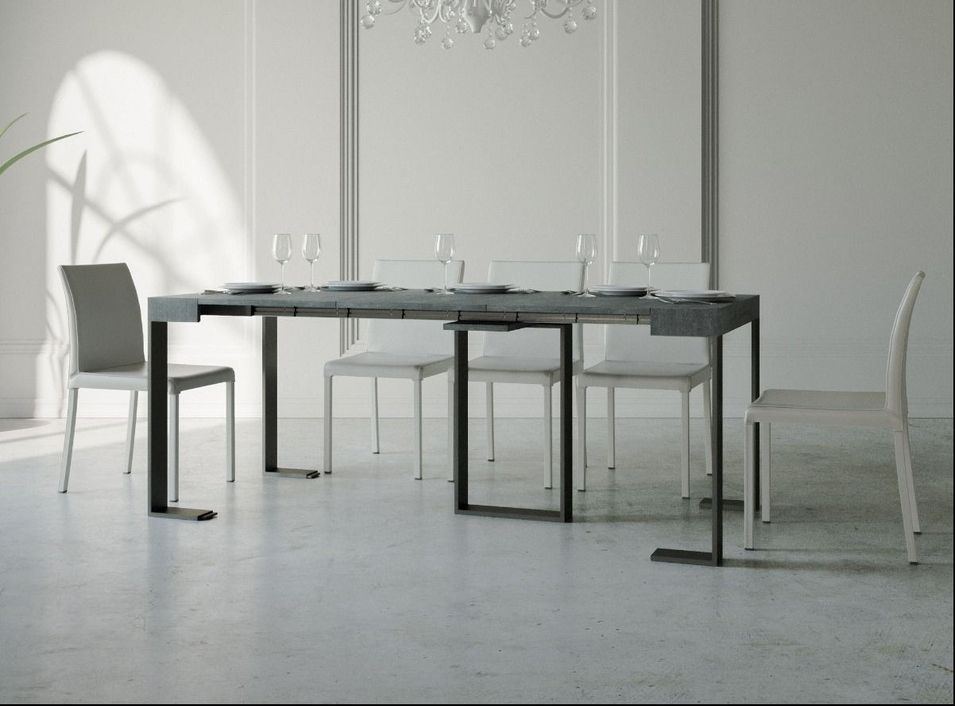 Console extensible gris béton et pieds métal anthracite 8 personnes 40 à 196 cm Sivy - Photo n°3