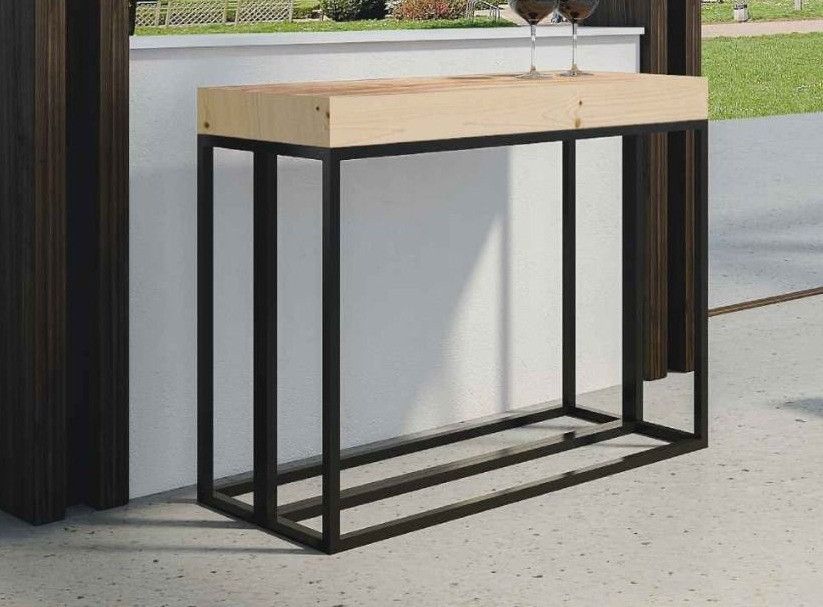 Console extensible pin massif clair et pieds métal anthracite 14 personnes 40 à 290 cm Meli - Photo n°1