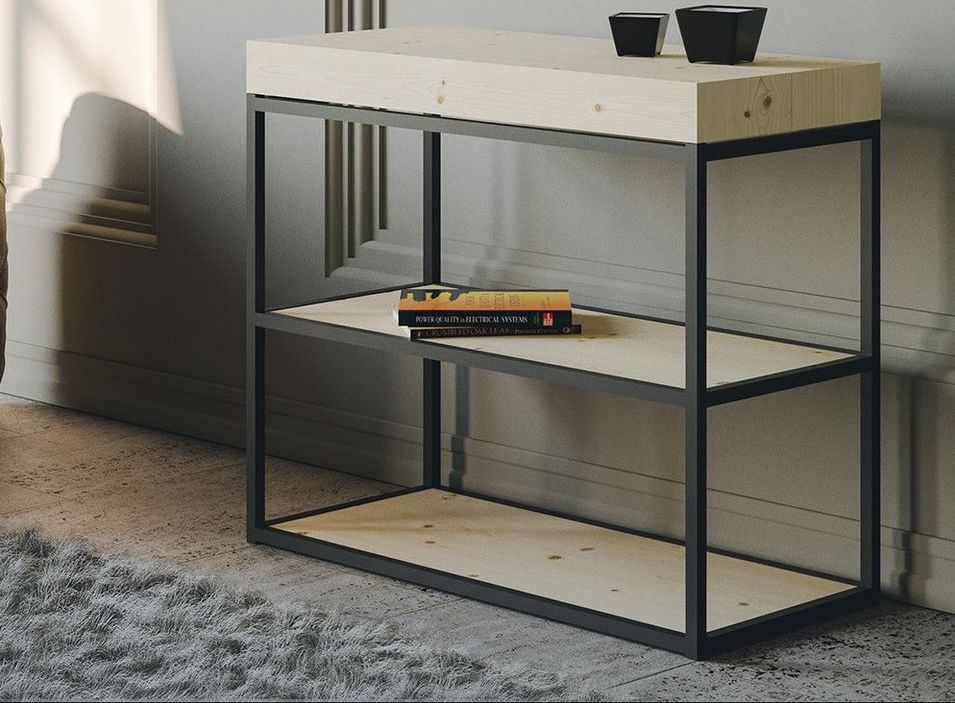 Console extensible pin massif clair et pieds métal anthracite 14 personnes 40 à 300 cm Pacey - Photo n°1