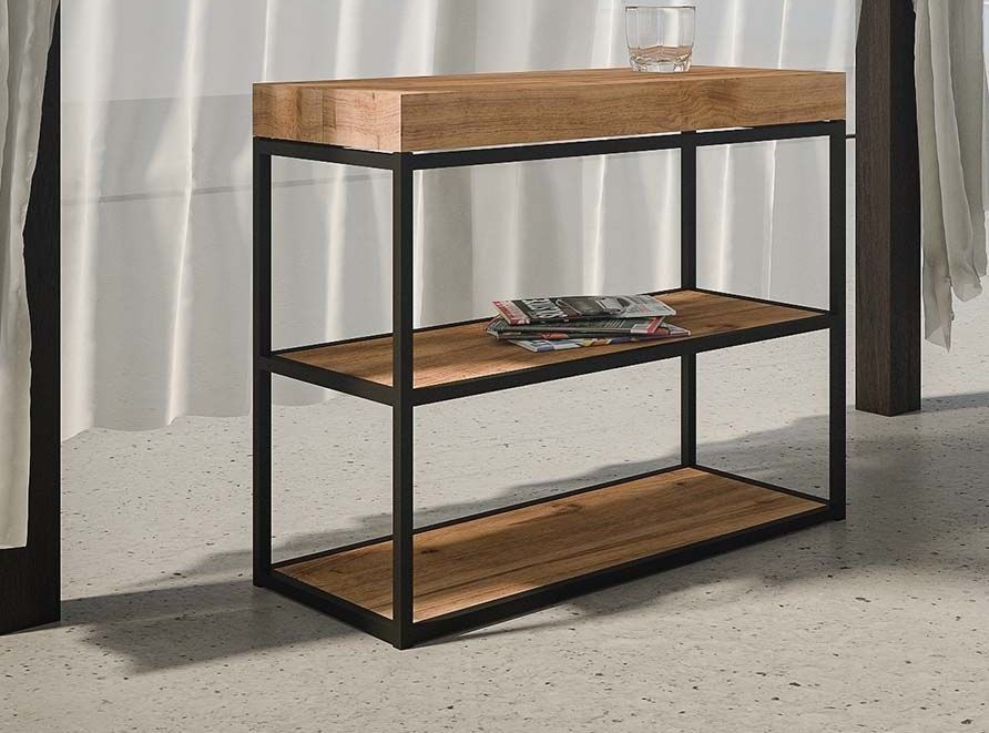 Console extensible pin massif teinté clair et pieds métal anthracite 14 personnes 40 à 300 cm Pacey - Photo n°1