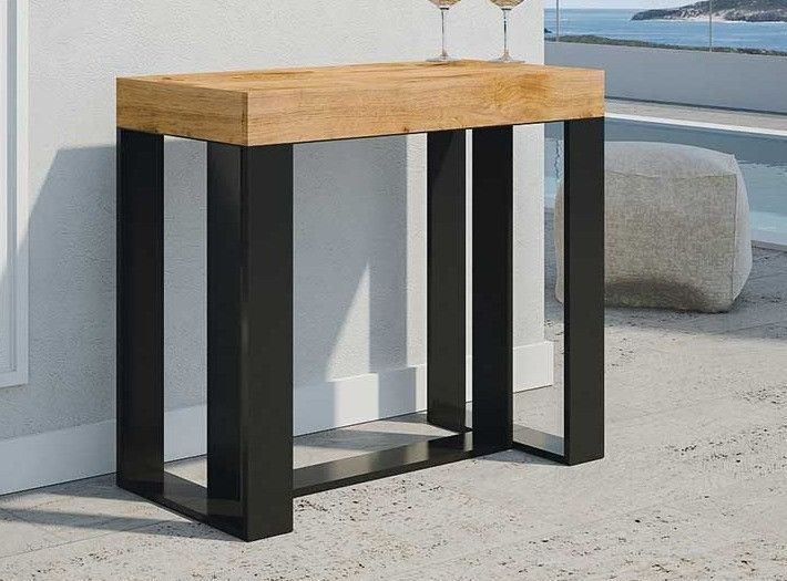 Console extensible pin massif teinté foncé et pieds métal anthracite 14 personnes 40 à 290 cm Vino - Photo n°1