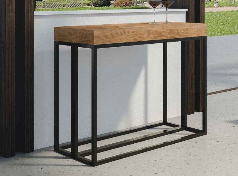 Console extensible pin massif teinté foncé et pieds métal anthracite 8 personnes 40 à 190 cm Meli - Photo n°1