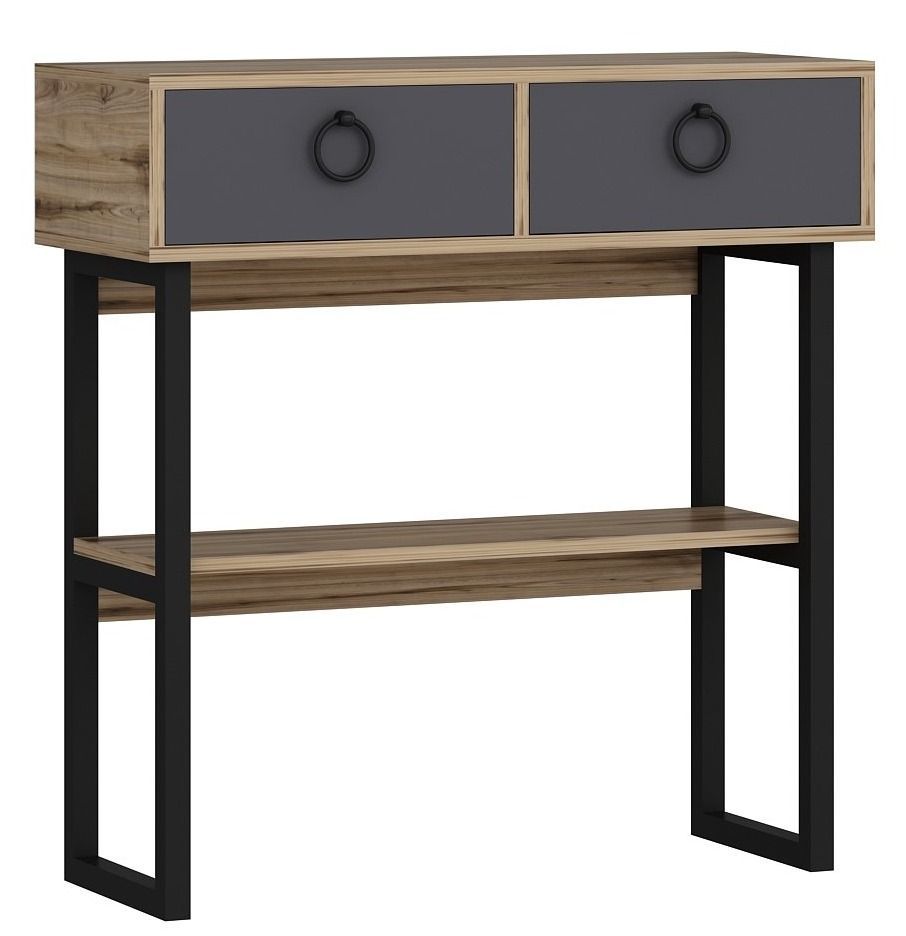 Console fixe bois clair 2 tiroirs anthracite et pieds métal noir Melya 90 cm - Photo n°1