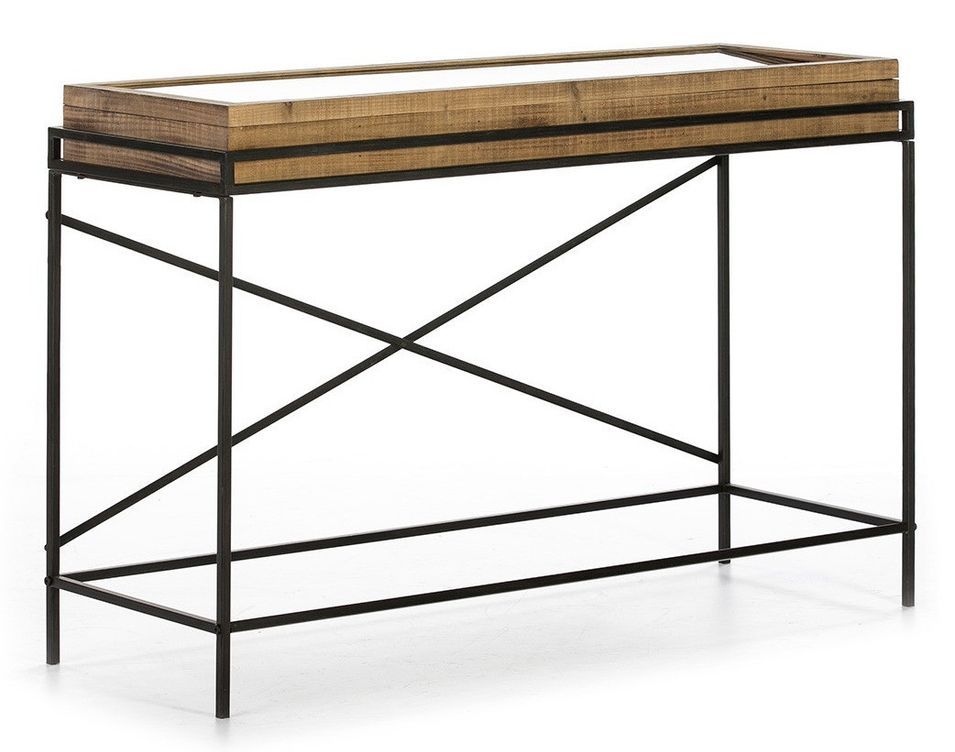 Console verre et bois massif clair pieds métal noir 123 cm - Photo n°1